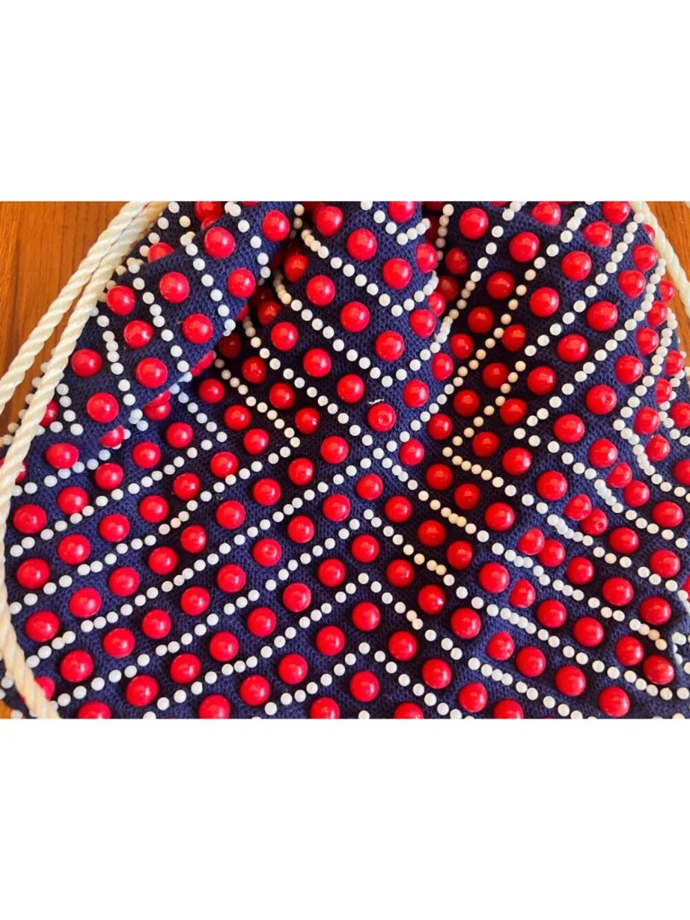 Vintage Beaded Navy Blue & White Drawstring Pouch With Red Accents - 8